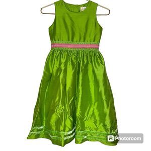 Lilly Pulitzer Dress Vintage Sleeveless Silk Fit Flare Green Pink Girls Size 10